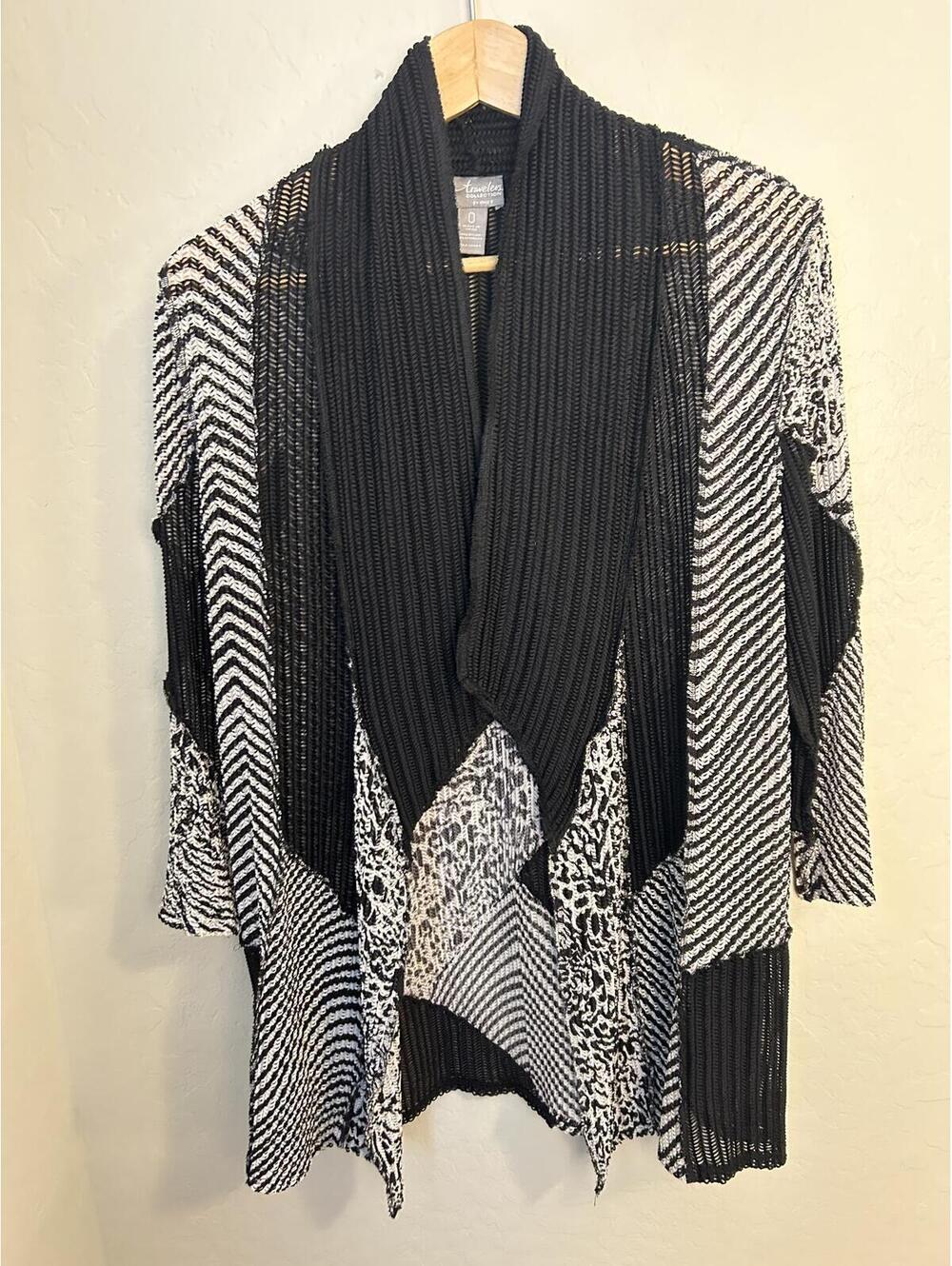 Chico's Travelers Collection Black & White Patchwork Open Front Cardigan Size 0